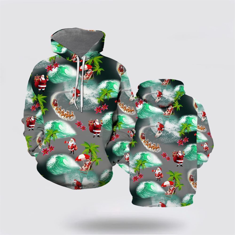 Christmas 3D Hoodie, Santa Beach Mery Christmas All Over Print 3D Hoodie