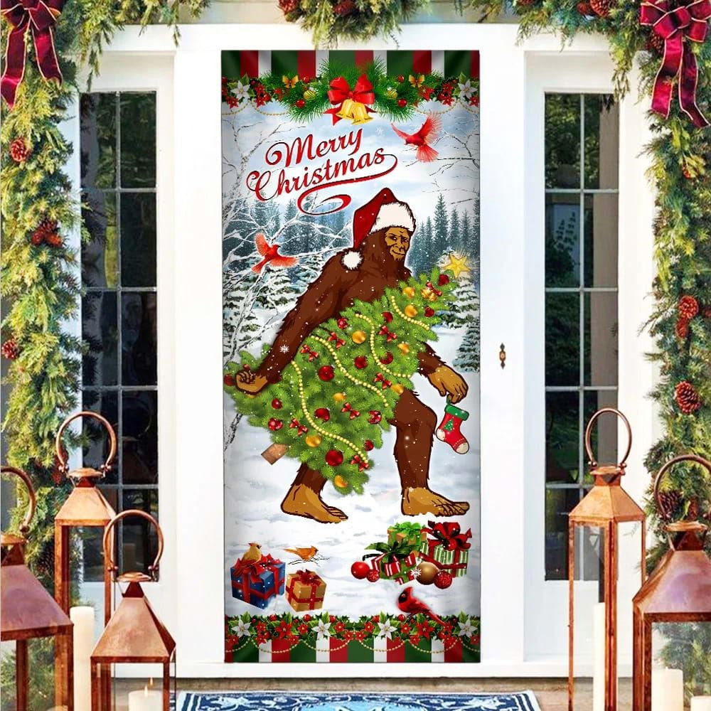 Christmas Door Cover, Bigfoot Wearing Santa Hat Christmas Door Cover, Front Door Christmas Cover, Xmas Door Covers