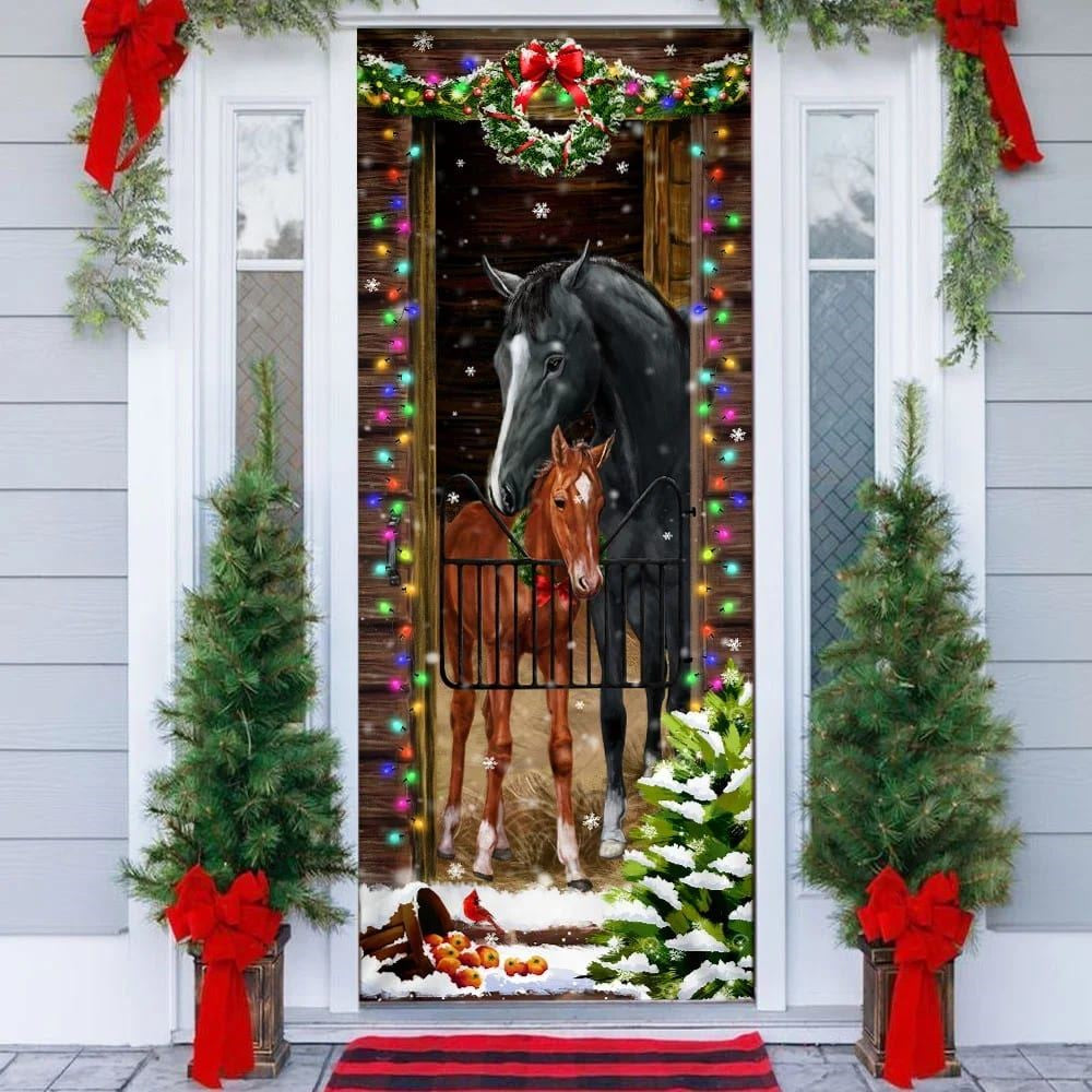 Christmas Door Cover, Horse Christmas Door Couple Happy Couple, Christmas Horse Decor, Xmas Door Covers