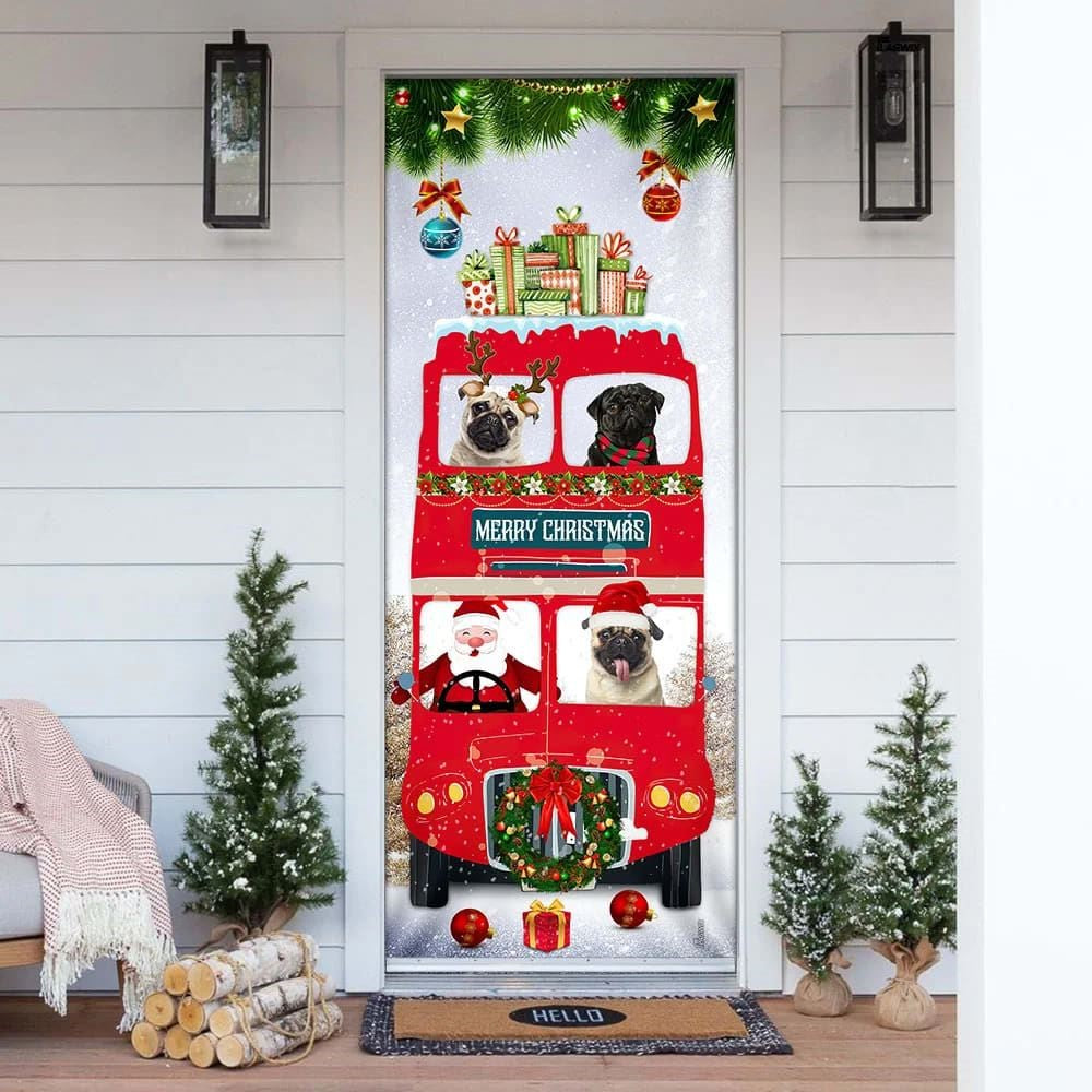 Christmas Door Cover, Pugs Christmas Bus Door Cover, Xmas Door Covers