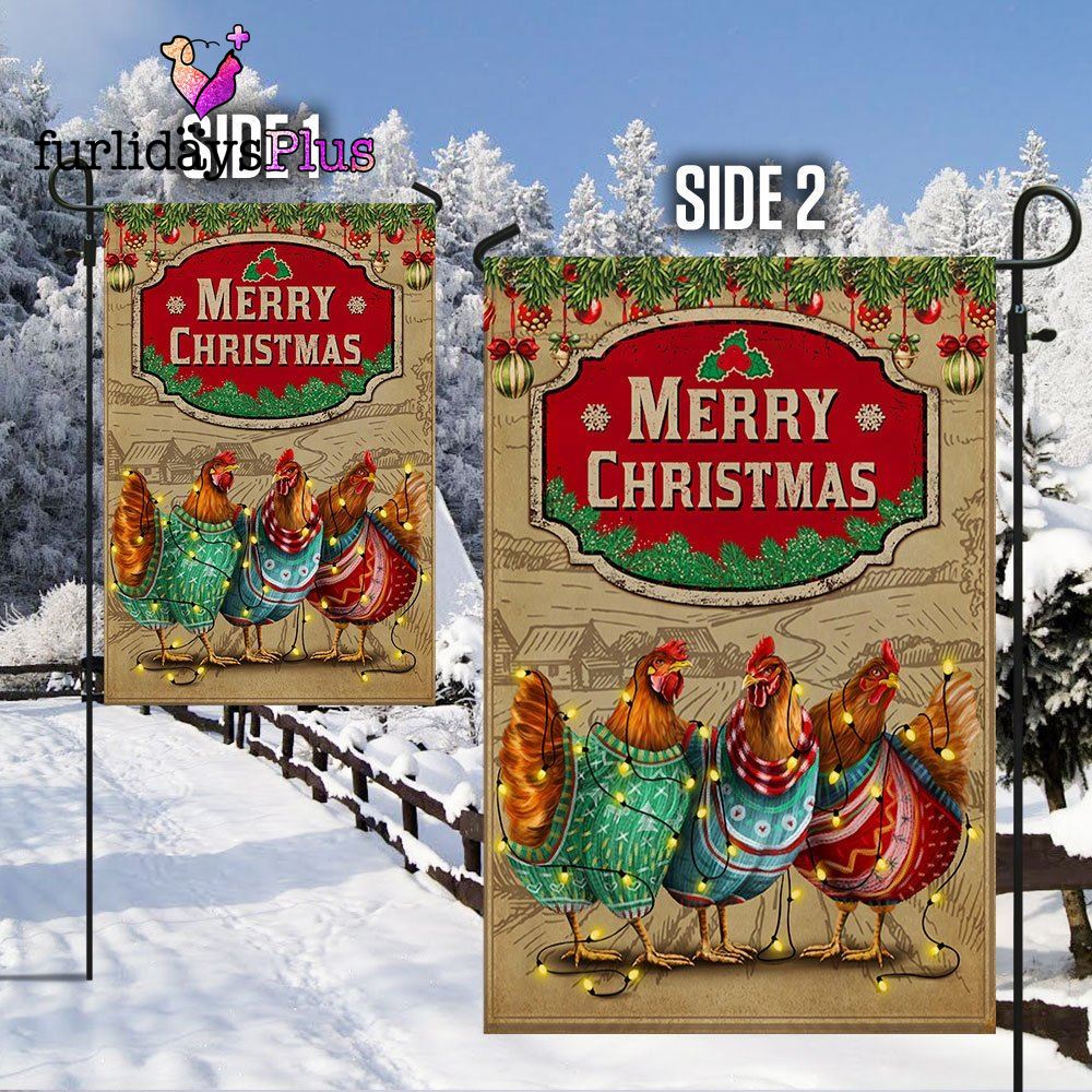Christmas Flag, Chicken Christmas Flag Three Hens With Light Vintage Flag