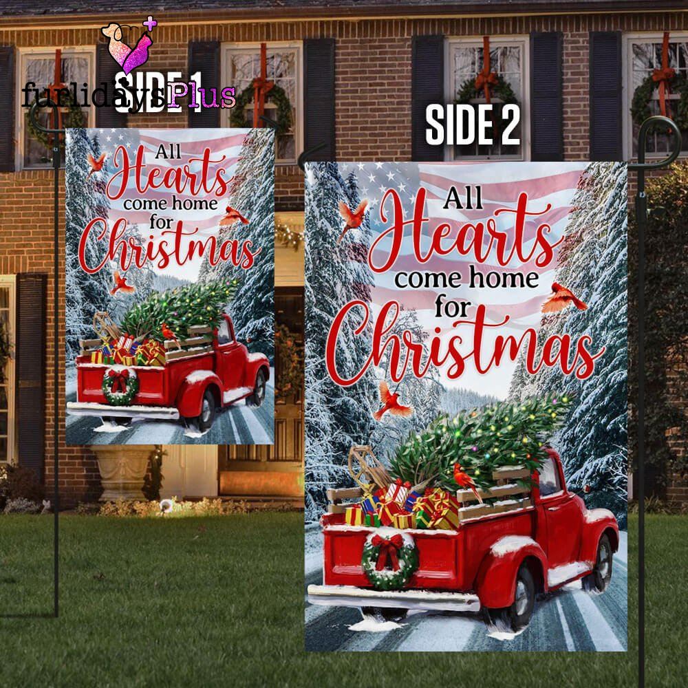 Christmas Flag, Red Truck American Flag All Hearts Come Home For Christmas Flag