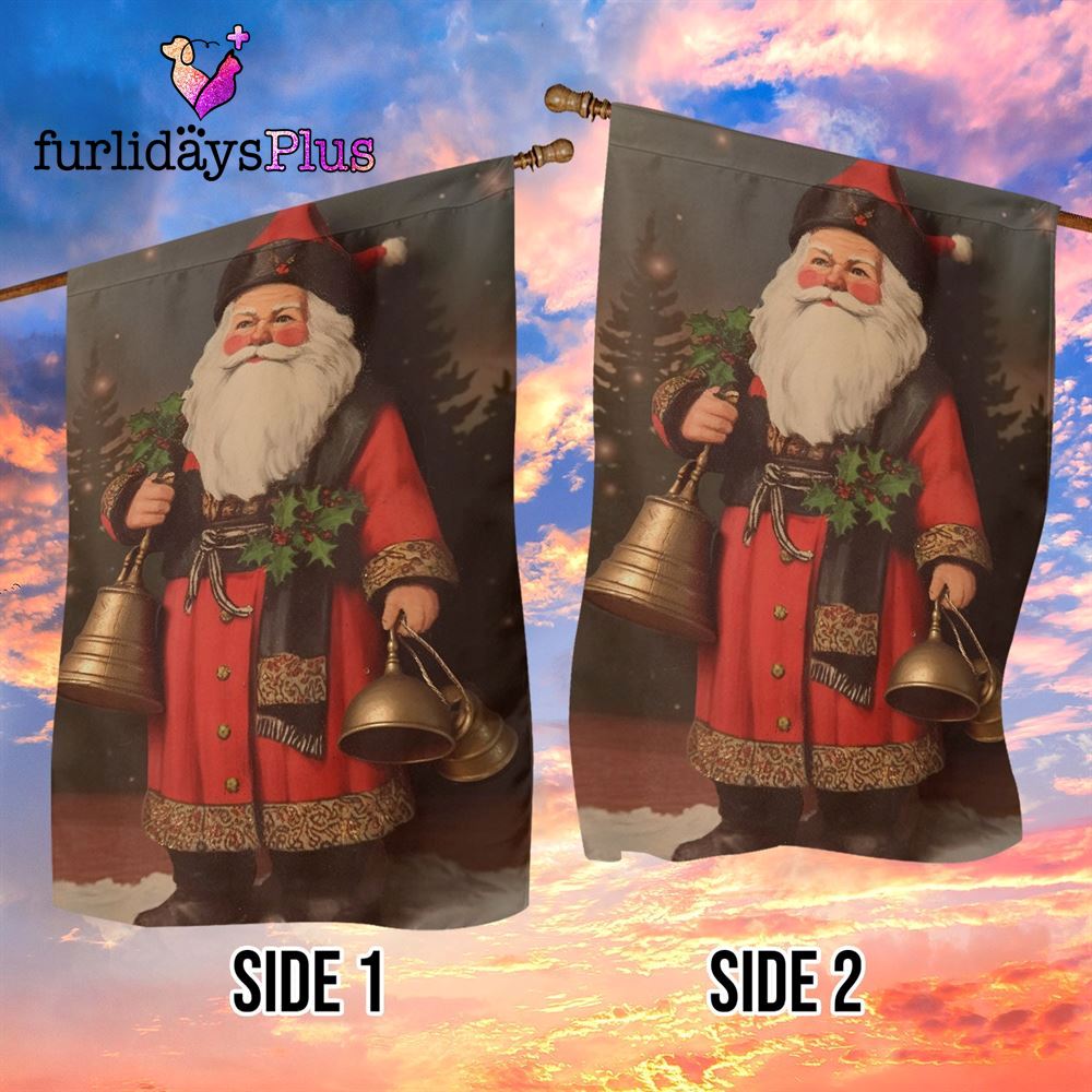 Christmas Flag, Santa Claus Is Holding Bells In His Hand Santa Claus Garden Flag