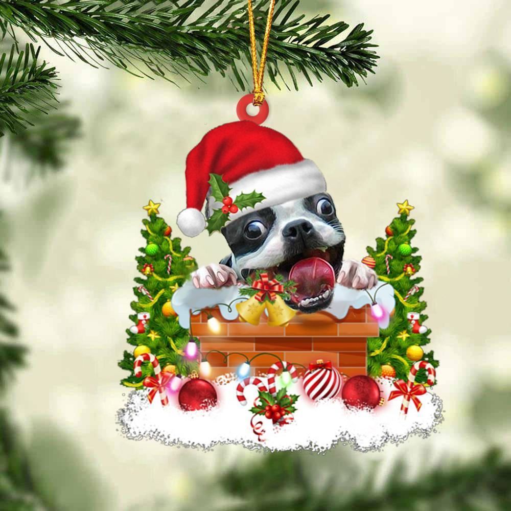 Christmas Ornament, Boston Terrier In The Chimney Hanging Christmas Ornament, Christmas Ornaments 2023