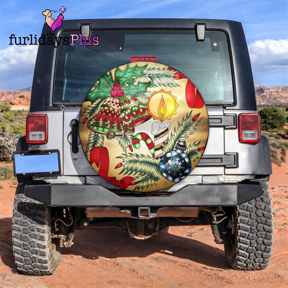 Christmas Tire Cover, Jingle Bell Christmas Beads With Candle Warm Vibes Tire Cover, Tire Covers For Cars