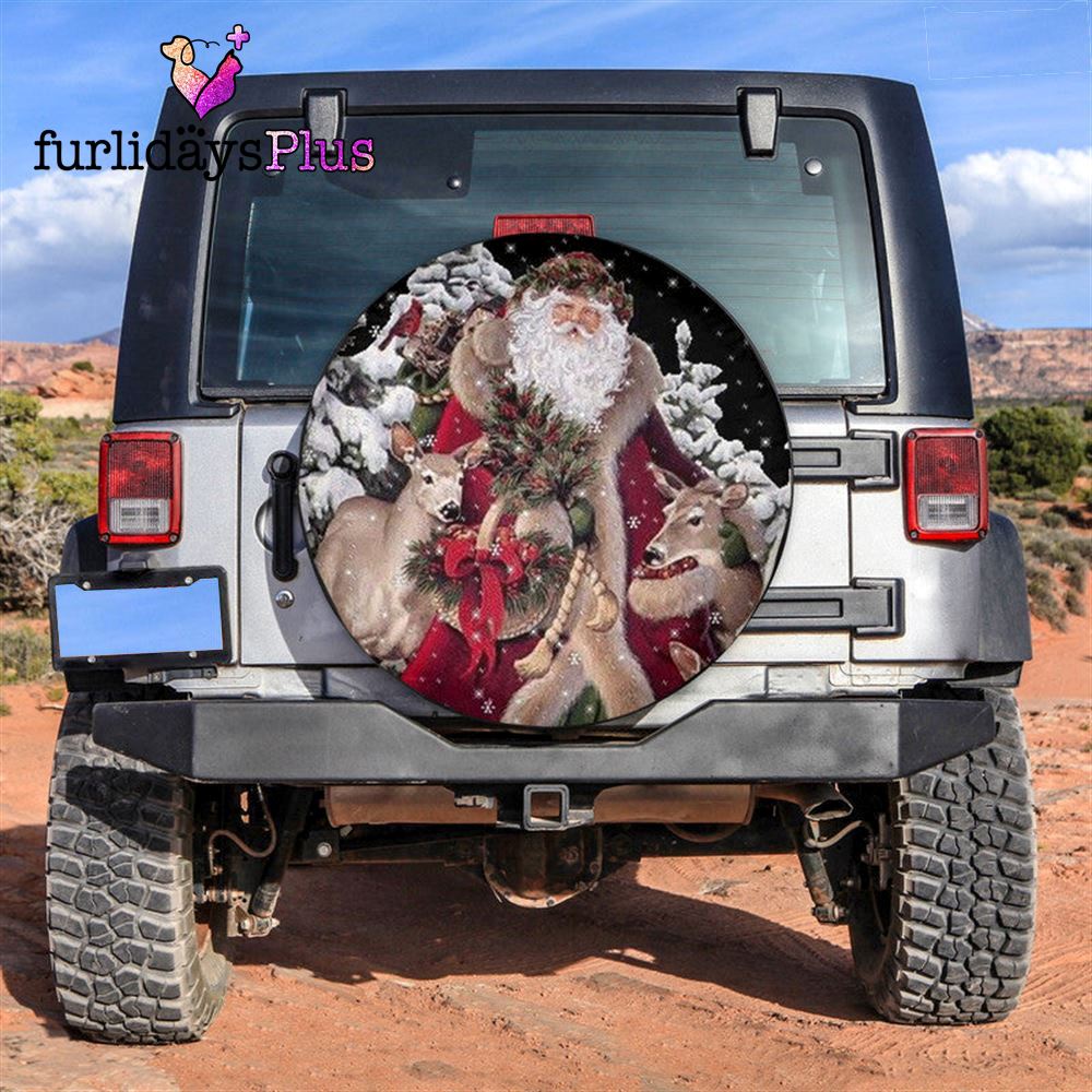 Christmas Tire Cover, Santa Claus And Deer Art Xmas Tire Cover, Tire Covers For Cars