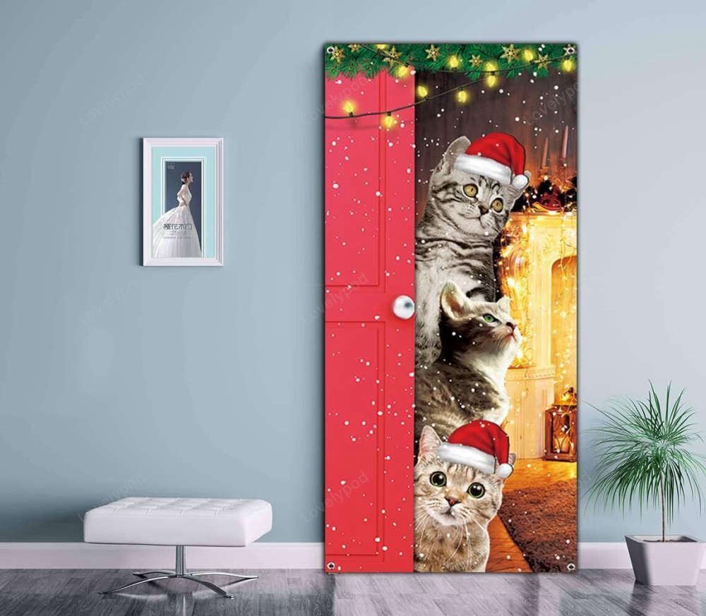 Cute Cats Merry Christmas Door Cover, Funny Cats Door Banner Decoration