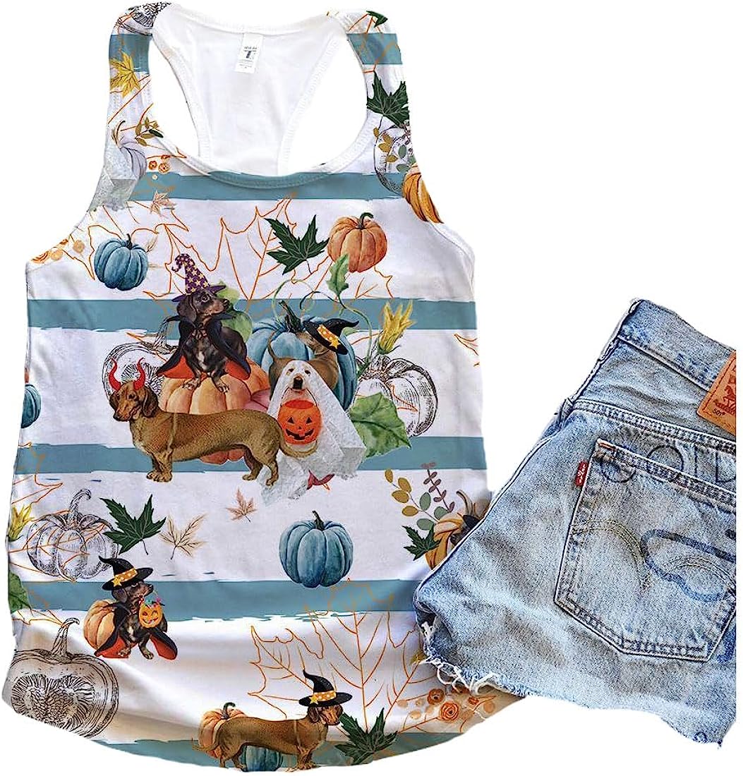 Dachshund Dog Halloween Pumpkin Retro Tank Top - Summer Casual Tank Tops For Women - Gift For Young Adults