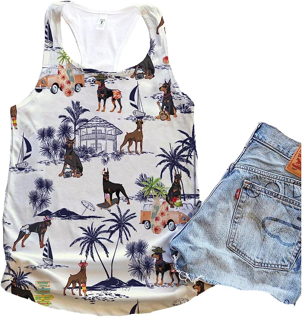 Doberman Pinscher Dog Palm Tree Beach Simple Tank Top - Summer Casual Tank Tops For Women - Gift For Young Adults