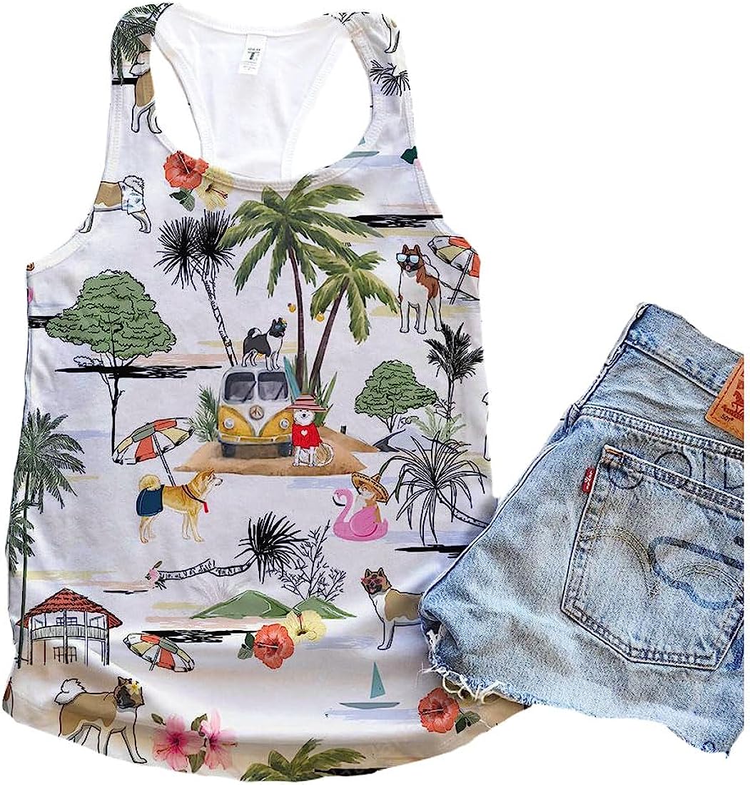 Dog Akita Dog Hawaii Beach Retro Tank Top - Summer Casual Tank Tops For Women - Gift For Young Adults