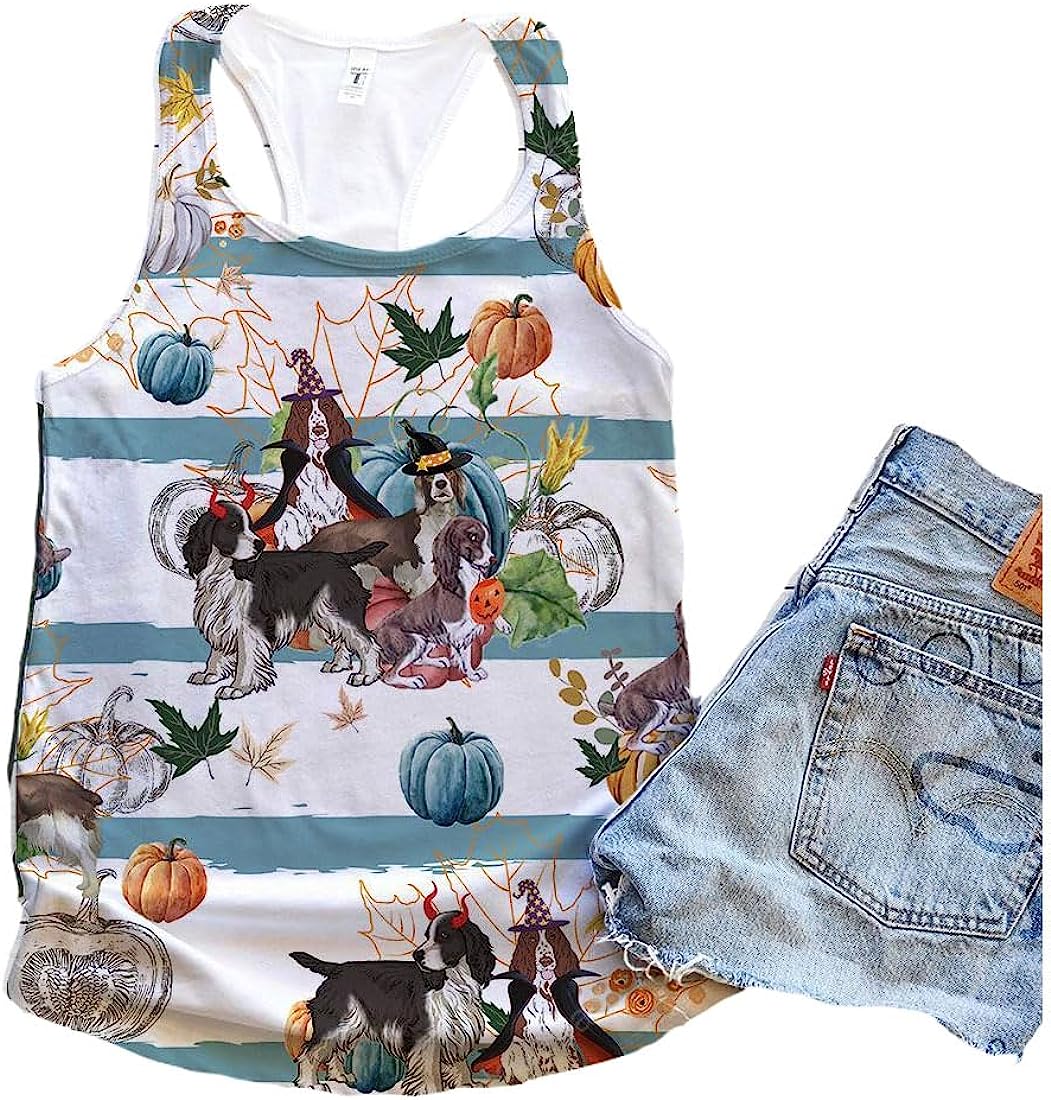 English Springer Spaniel Dog Halloween Pumpkin Retro Tank Top - Summer Casual Tank Tops For Women - Gift For Young Adults