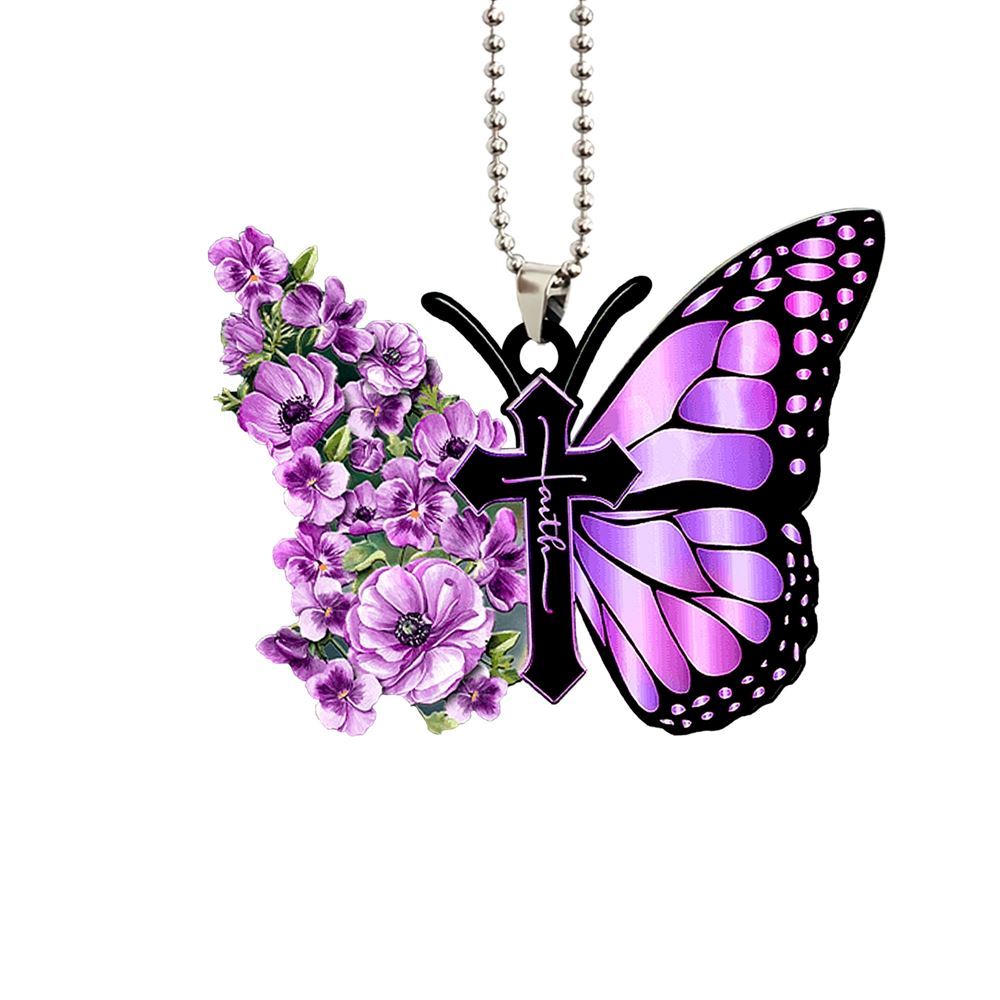Faith Purple Pansy Butterfly Jesus Cross Christian Car Christmas Ornament, Christmas Ornaments 2023