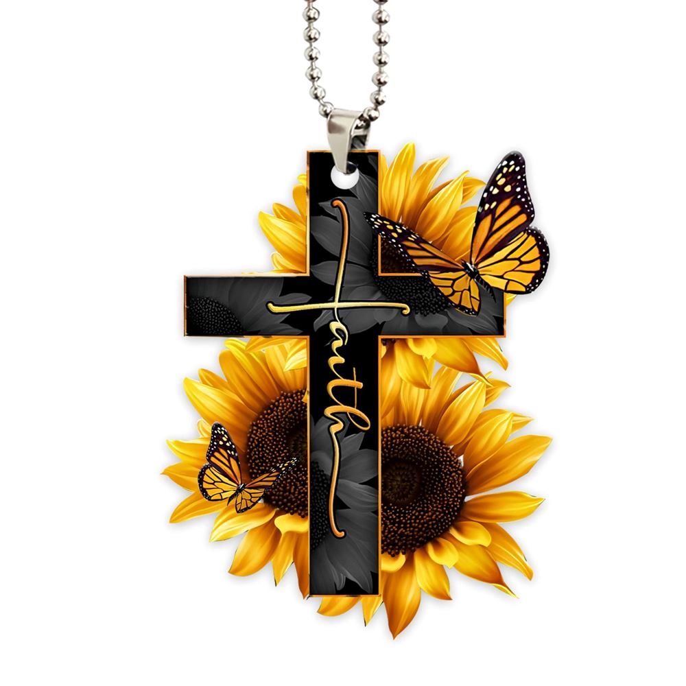 Faith Sunflower God Jesus Cross Christian Butterfly Car Christmas Ornament, Christmas Ornaments 2023