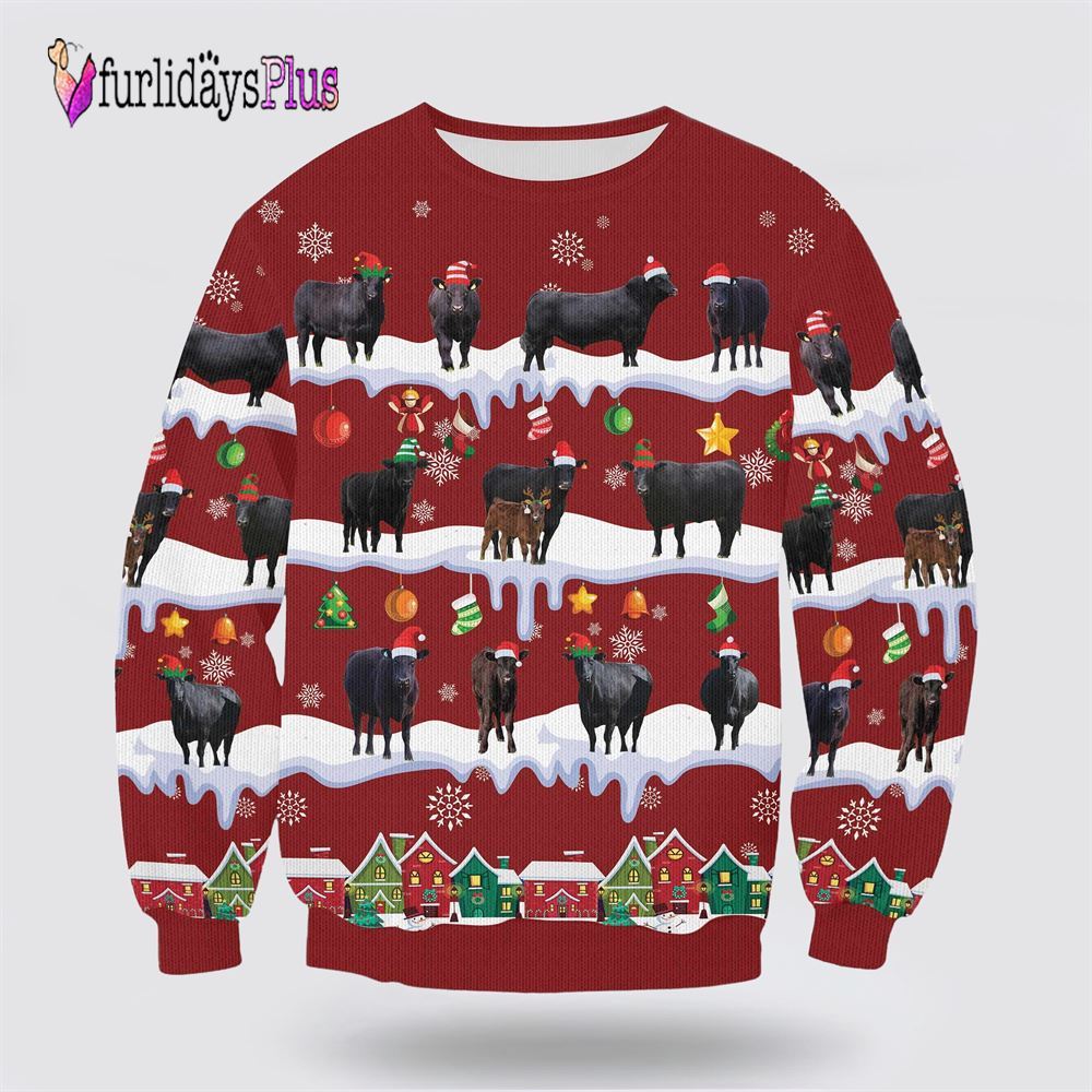 Farm Ugly Christmas Sweater, Black Angus Christmas Knitted Sweater