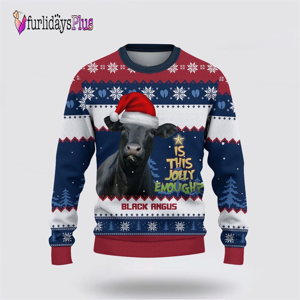 Farm Ugly Christmas Sweater, Black Angus Jolly Merry Christmas Ugly Sweater