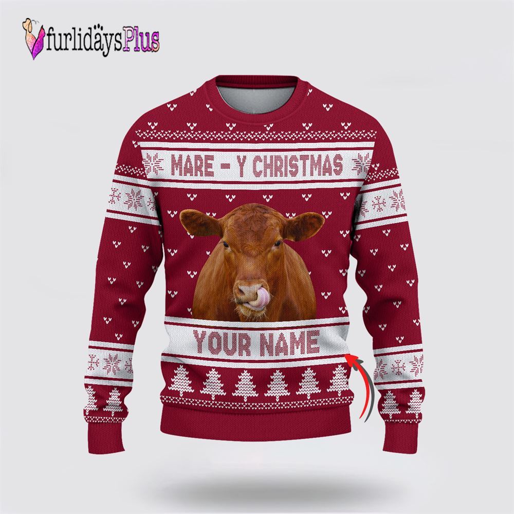 Farm Ugly Christmas Sweater, Custom Name Red Angus Mare Y Christmas Ugly Sweater