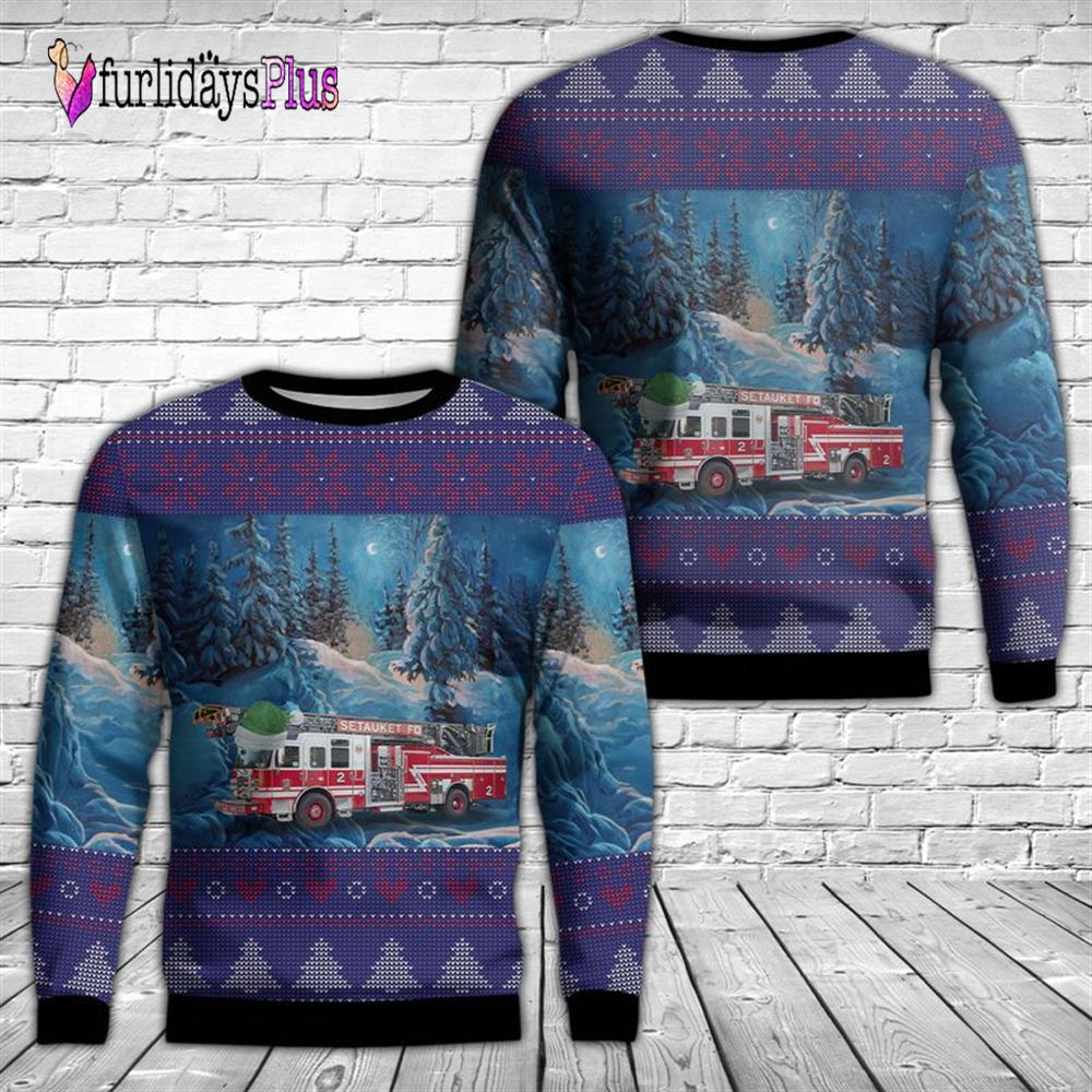 Firefighter Ugly Christmas Sweater, East Setauket, New York, Setauket Fire Department Christmas AOP Ugly Sweater