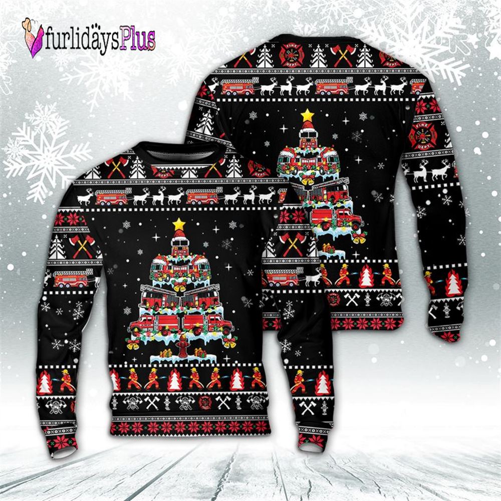 Firefighter Ugly Christmas Sweater, Fire Truck Christmas Tree Sweater