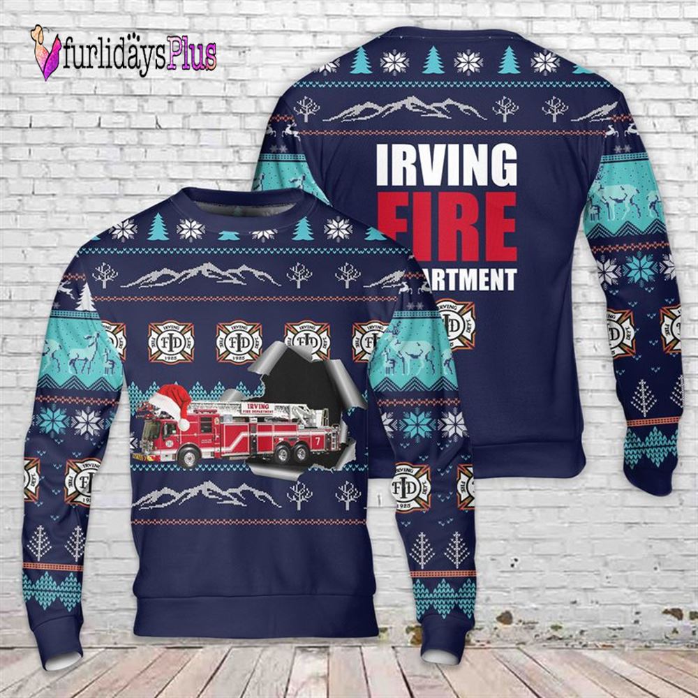 Firefighter Ugly Christmas Sweater, Texas Irving Fire Department Christmas Sweater