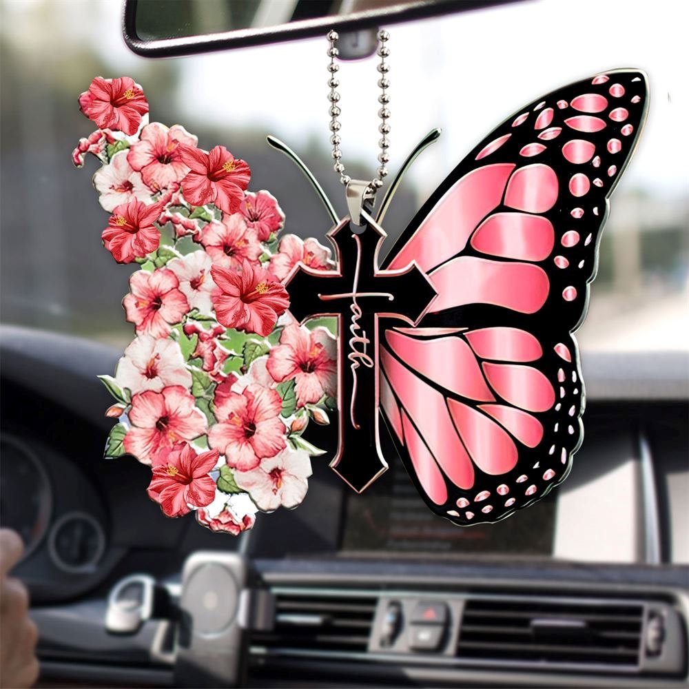 Flat Faith Pink Hibiscus Butterfly God Jesus Cross Christian Lover Religious Christmas Ornament, Christmas Ornaments 2023