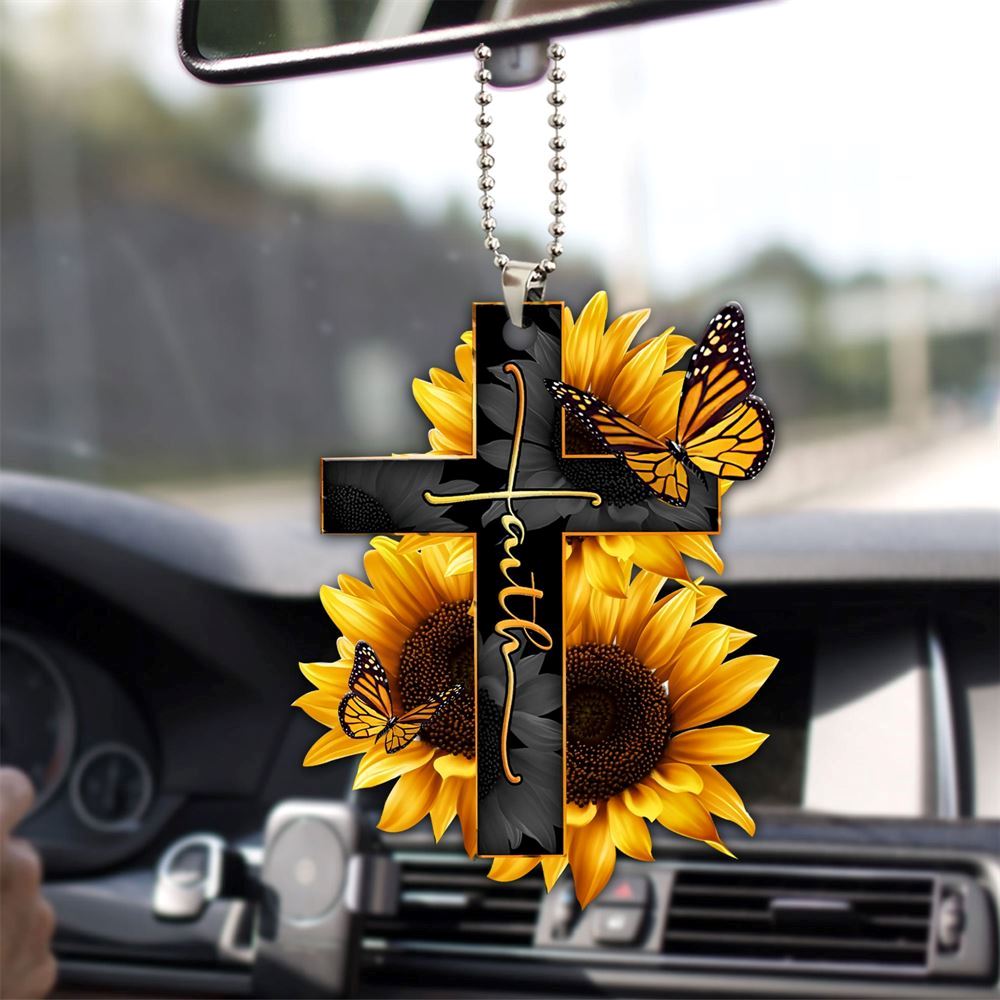 Flat Faith Sunflower God Jesus Cross Christian Butterfly Lover Religious Christmas Ornament, Christmas Ornaments 2023