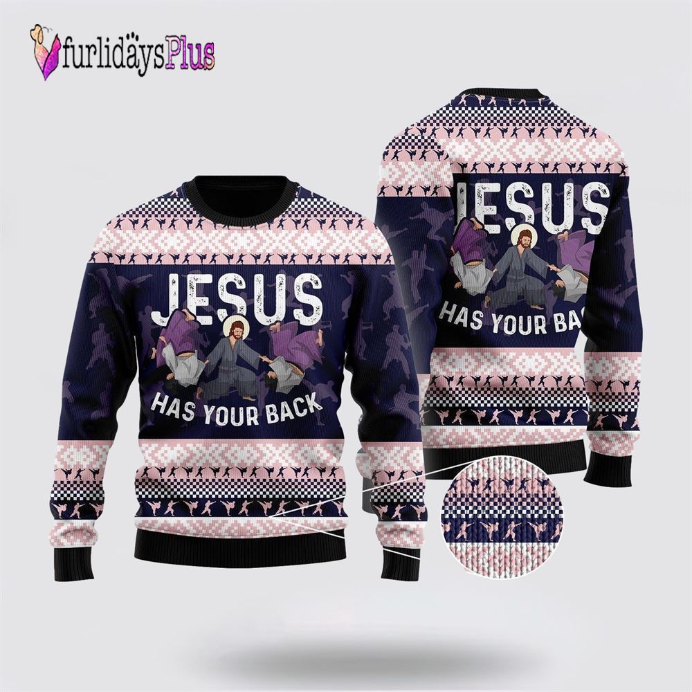 Funny Jesus Has Your Back Jiu Jitsu Ugly Christmas Sweater For Men & Women, Christian Sweater, God Gift, Gift For Christian, Jesus Winter Fashion