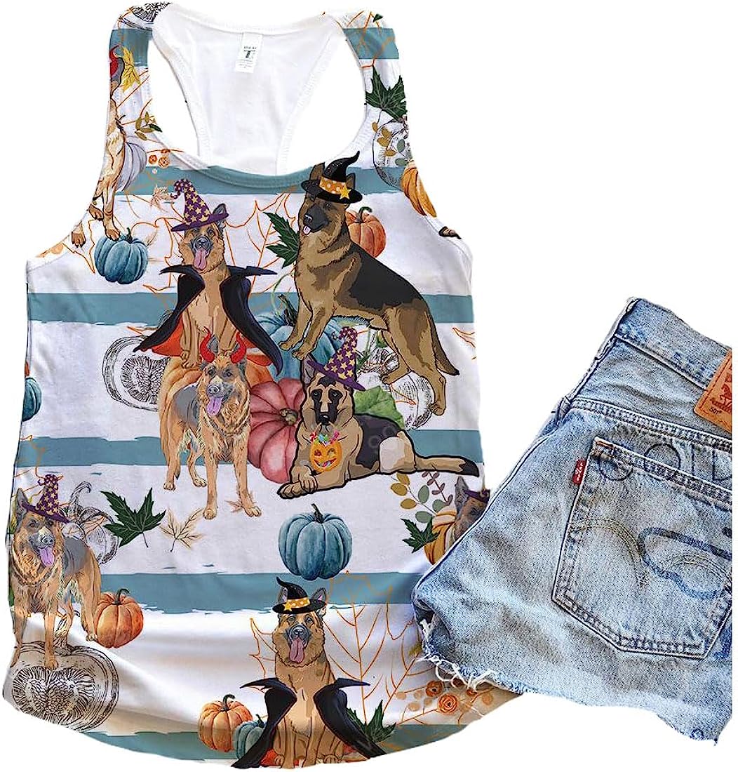 German Shepherd Dog Halloween Pumpkin Retro Tank Top - Summer Casual Tank Tops For Women - Gift For Young Adults