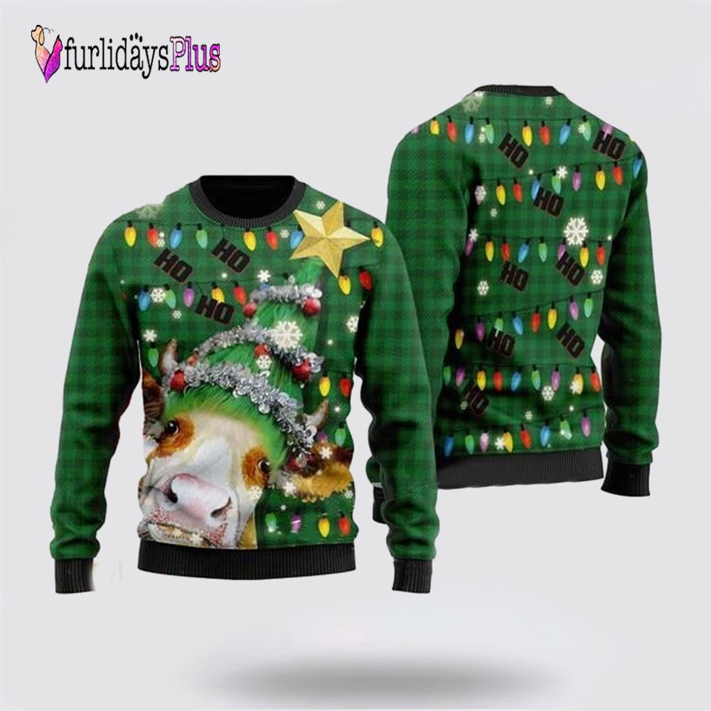 Ho Ho Ho Cow Christmas Tree Ugly Christmas Sweater, Sweater Gifts For Pet Lover