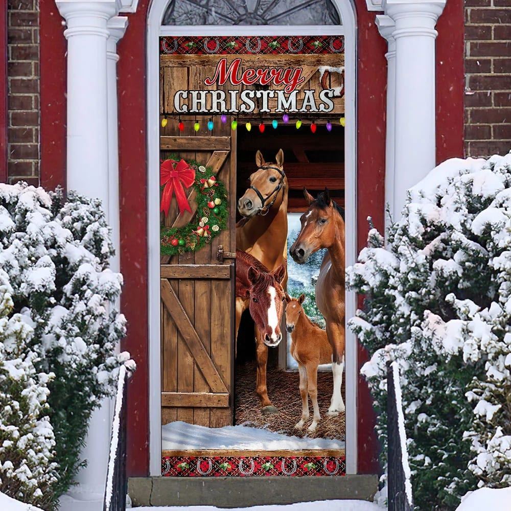 Horses Merry Christmas Door Cover, Christmas Horse Decor