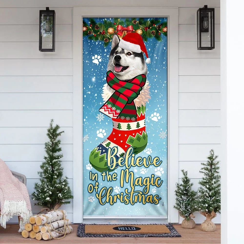 Husky In Sock Door Cover, Believe In The Magic Of Christmas Door Cover