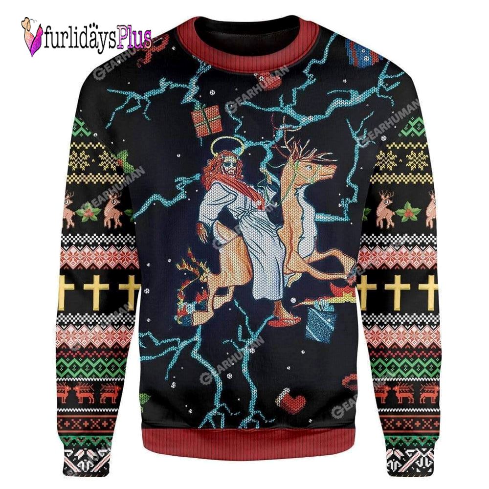 Jesus Riding Reindeer Black Ugly Christmas Sweater For Men & Women, Christian Sweater, God Gift, Gift For Christian, Jesus Winter Fashion