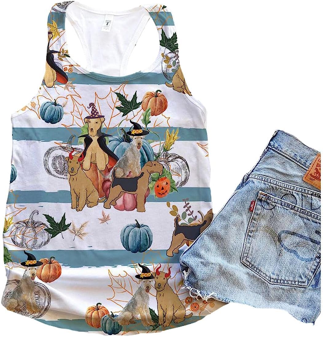 Lakeland Terrier Dog Halloween Pumpkin Retro Tank Top - Summer Casual Tank Tops For Women - Gift For Young Adults