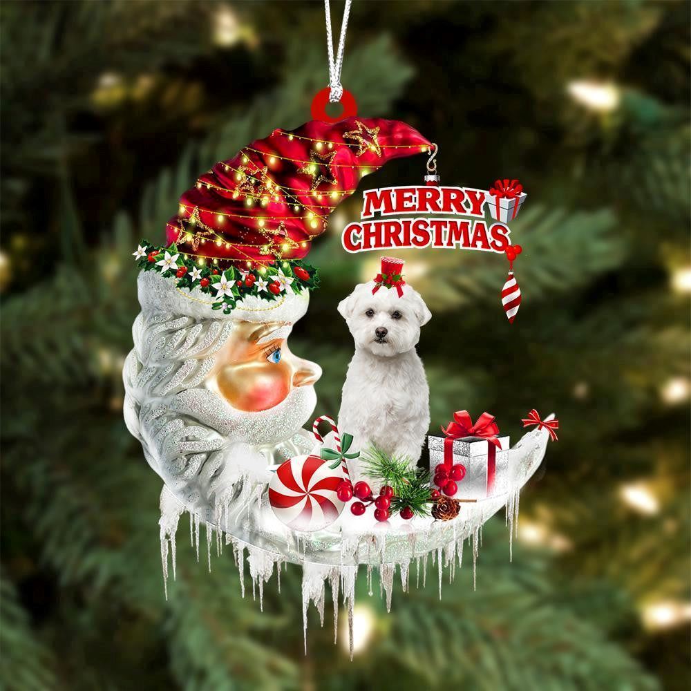 Maltese On The Moon Merry Christmas Ornaments, Christmas Ornaments 2023