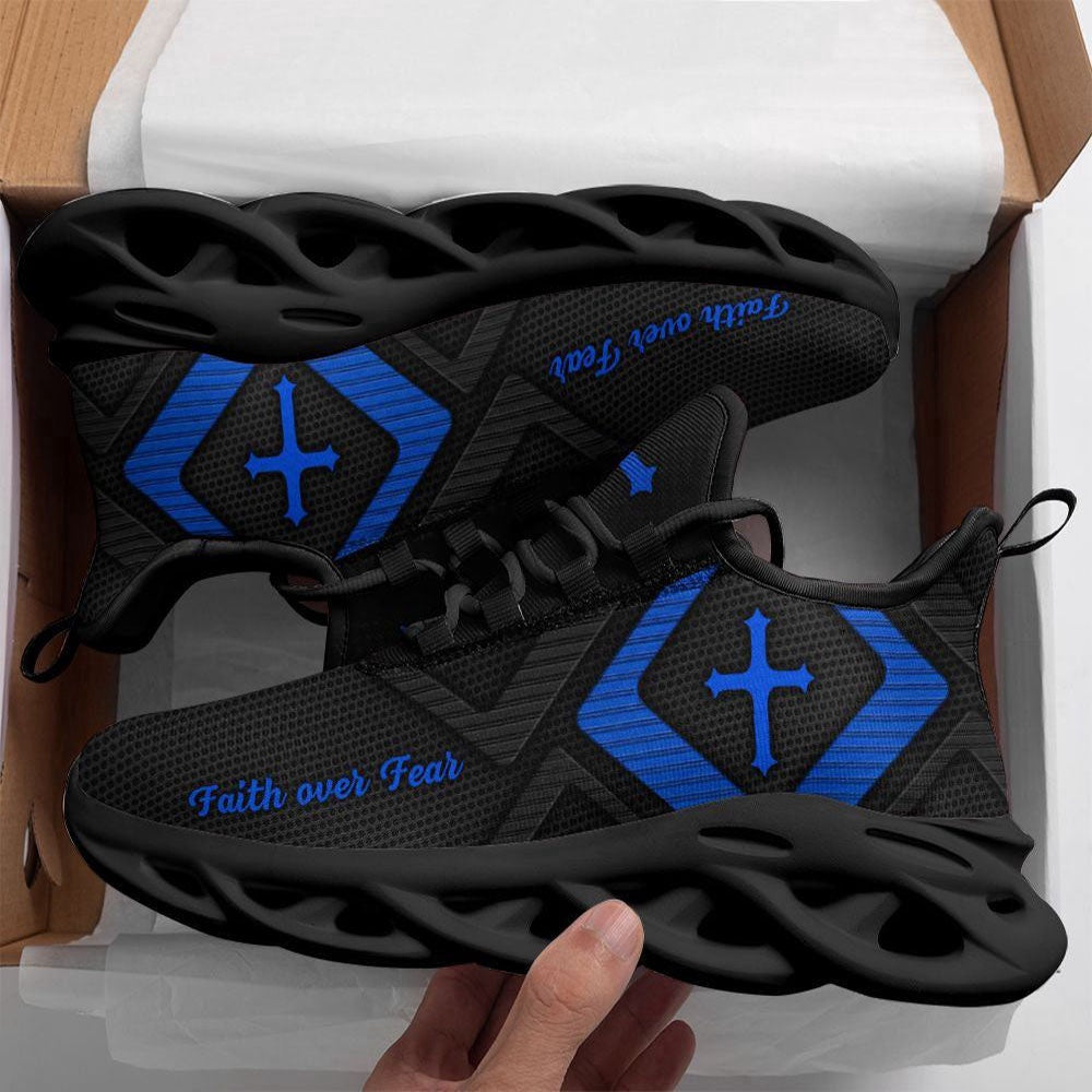 Max Soul Shoes, Jesus Faith Over Fear Running Sneakers Blue And Black Max Soul Shoes, Jesus Christ Shoes