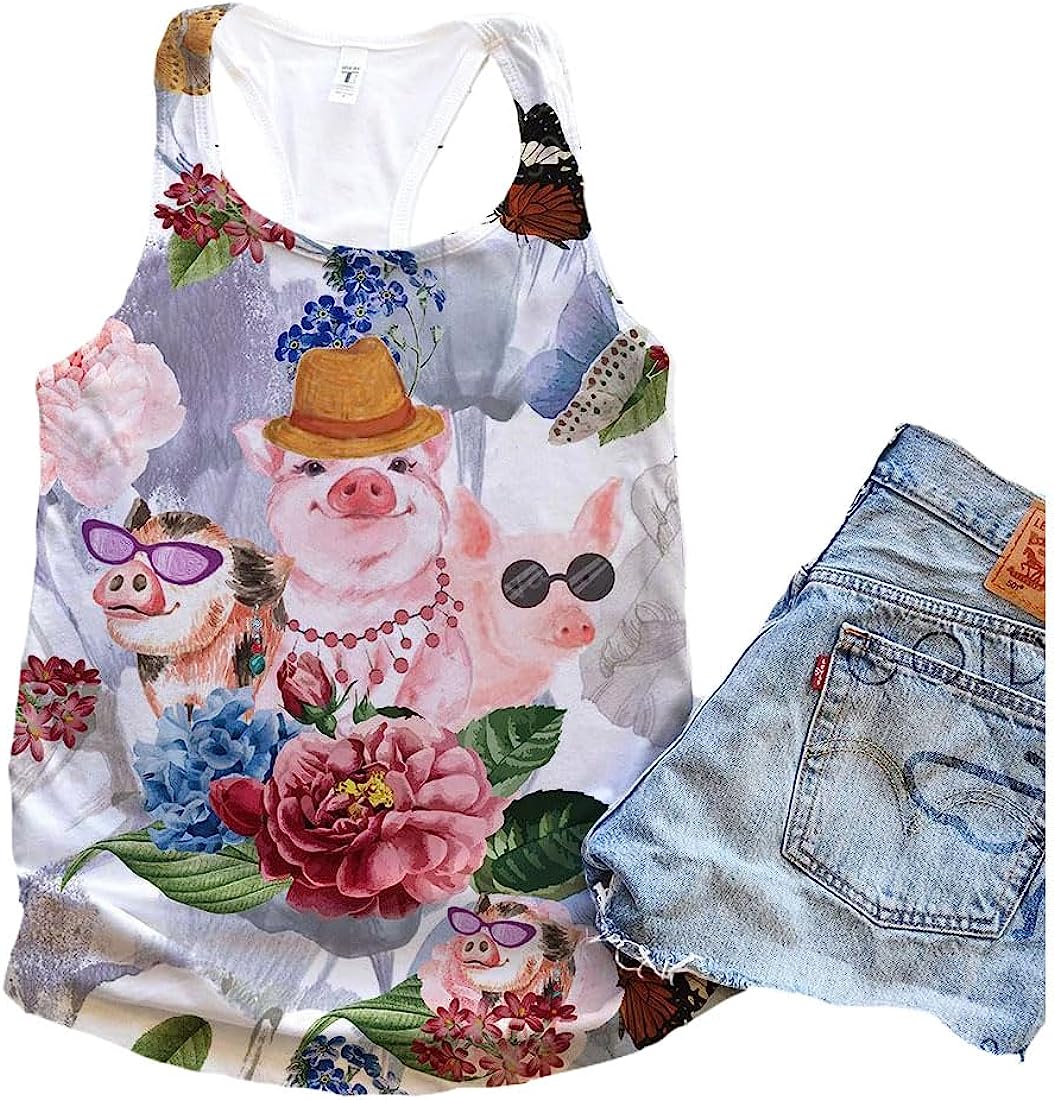 Pig Dog Flower And Butterfly Tank Top - Summer Casual Tank Tops For Women - Gift For Young Adults