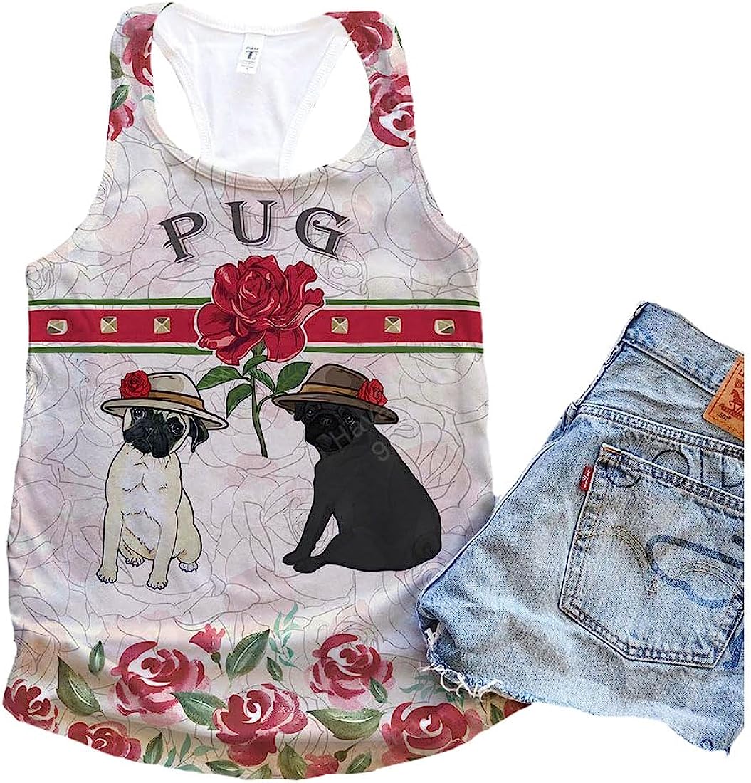 Pug Dog Rose Retro Tank Top - Summer Casual Tank Tops For Women - Gift For Young Adults