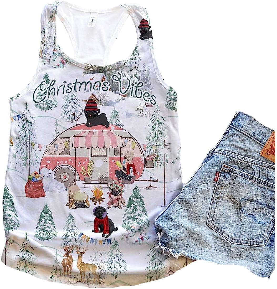 Pug Dog Snow White Christmas Vibes Tank Top - Summer Casual Tank Tops For Women - Gift For Young Adults