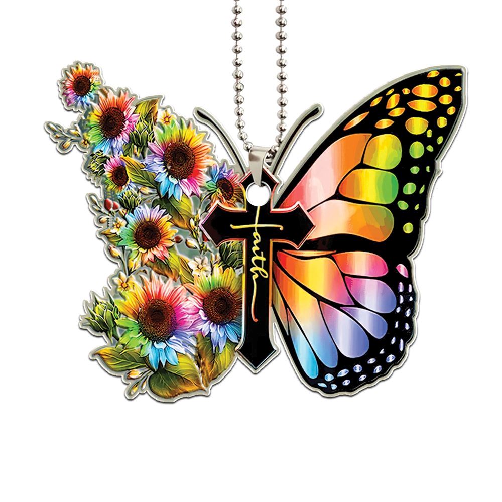 Rainbow Sunflower Butterfly Jesus Cross Christian Gods Car Christmas Ornament, Christmas Ornaments 2023
