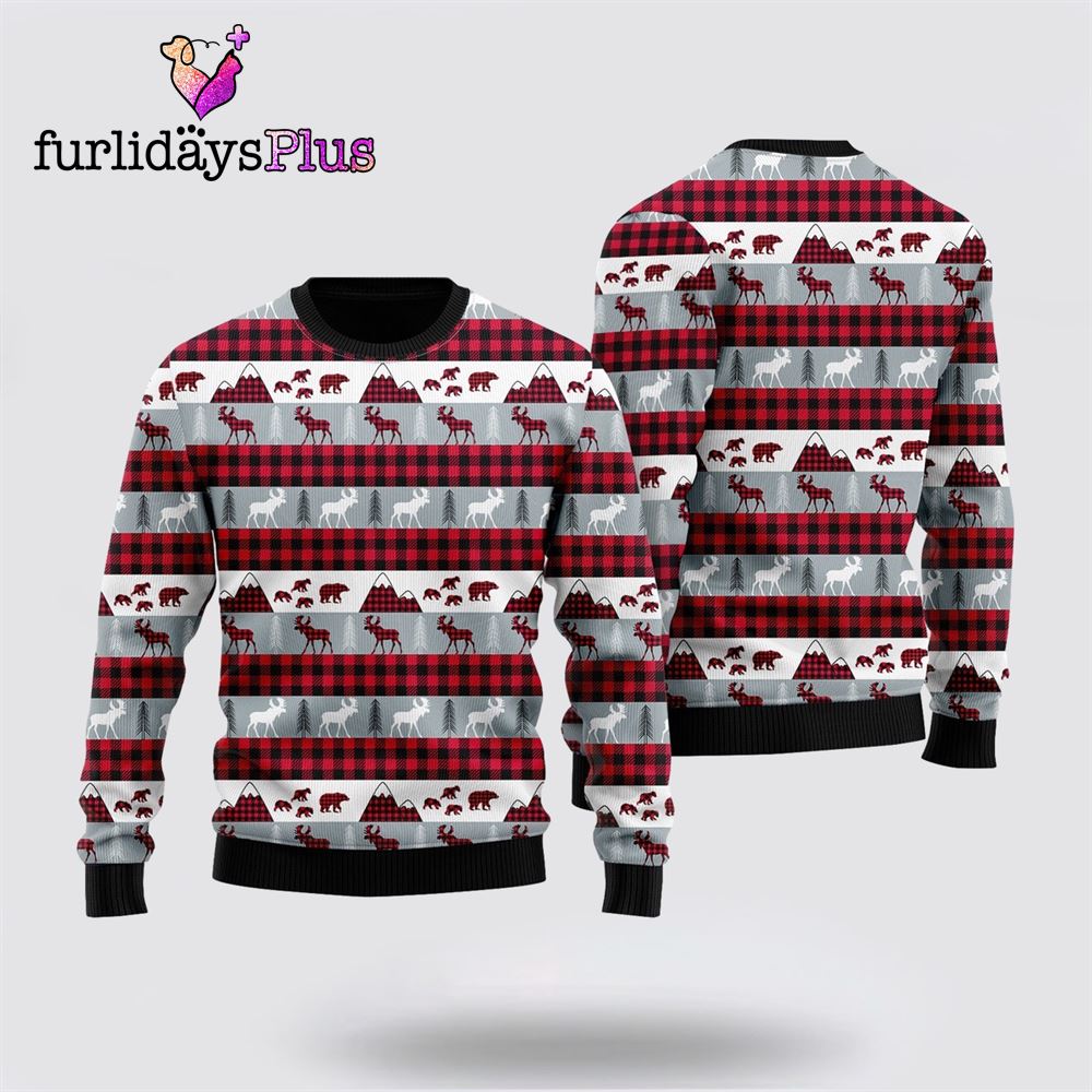 Reindeer On Buffalo Plaid Pattern Ugly Sweater ,Christmas Ugly Sweater For Men, Women