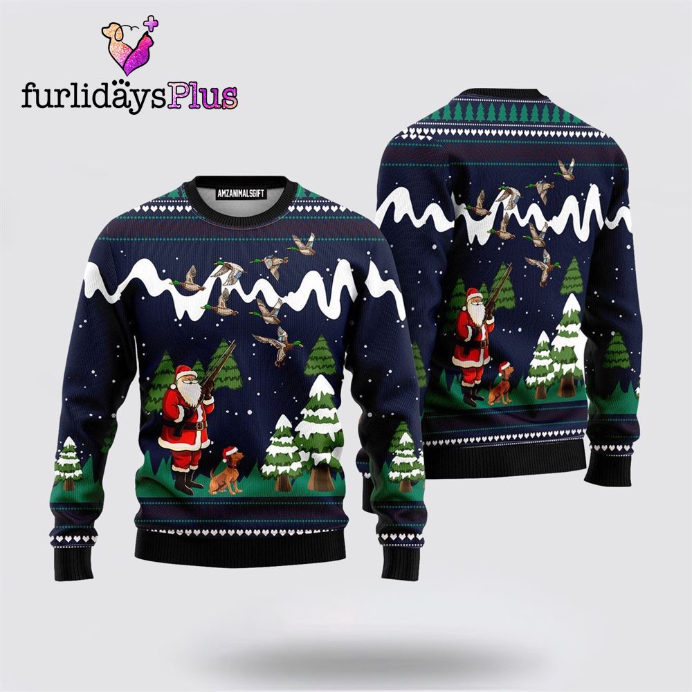Santa Hunting Duck Navy Blue Ugly Christmas Sweater ,Christmas Ugly Sweater For Men, Women