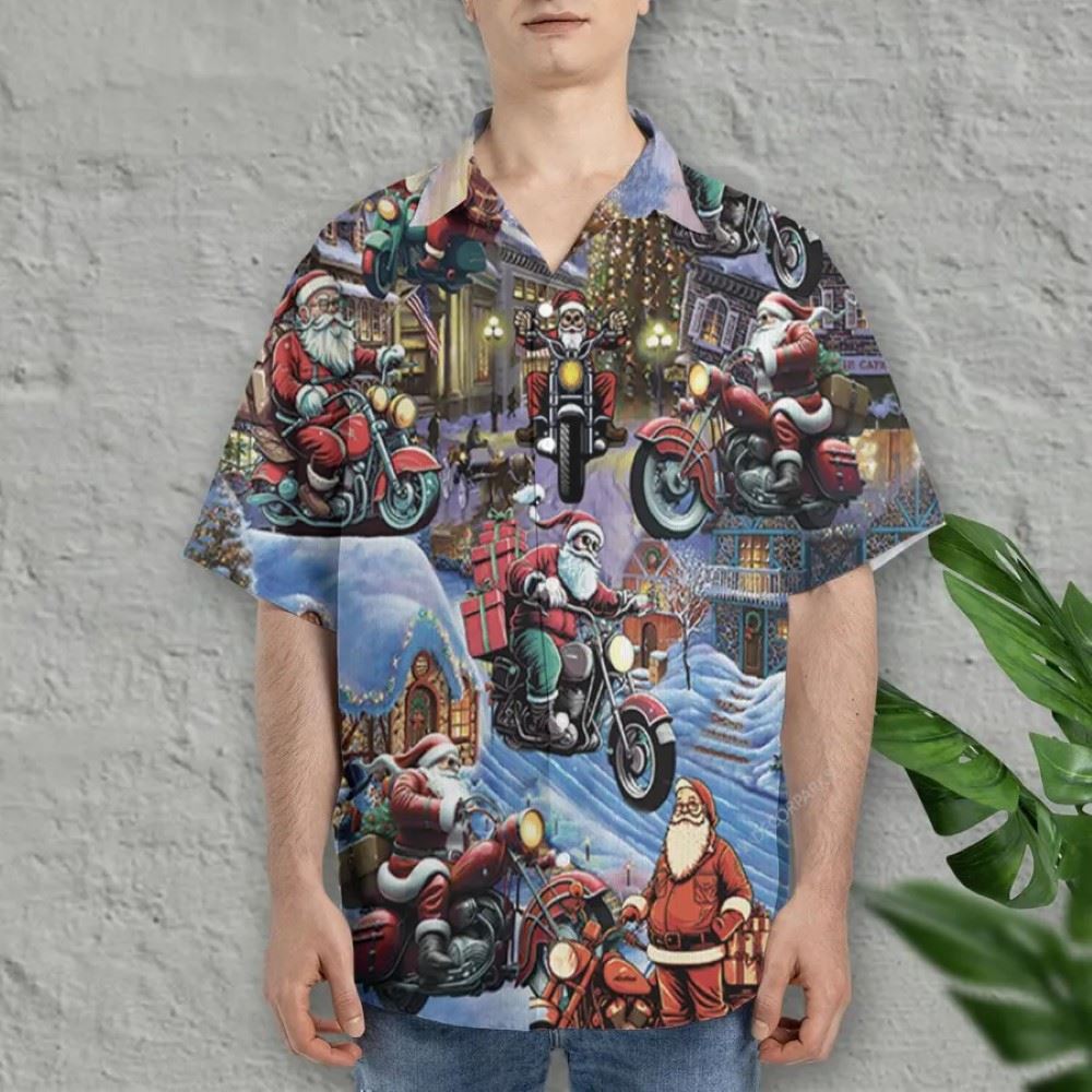 Santa Riding Motorcycle Summer Hawaiian Shirt, Xmas Hawaiian Shirts