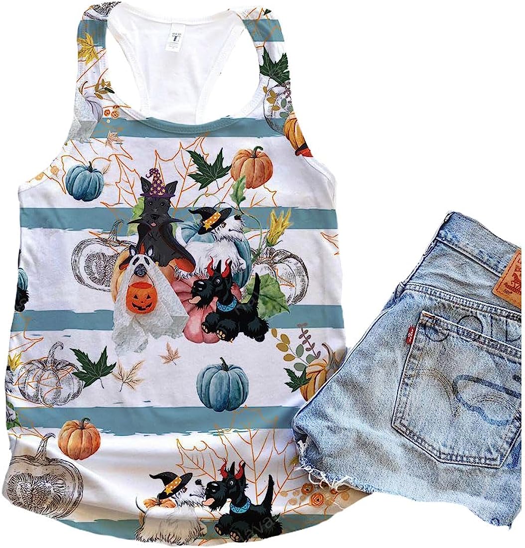 Scottish Terrierl Dog Halloween Pumpkin Retro Tank Top - Summer Casual Tank Tops For Women - Gift For Young Adults