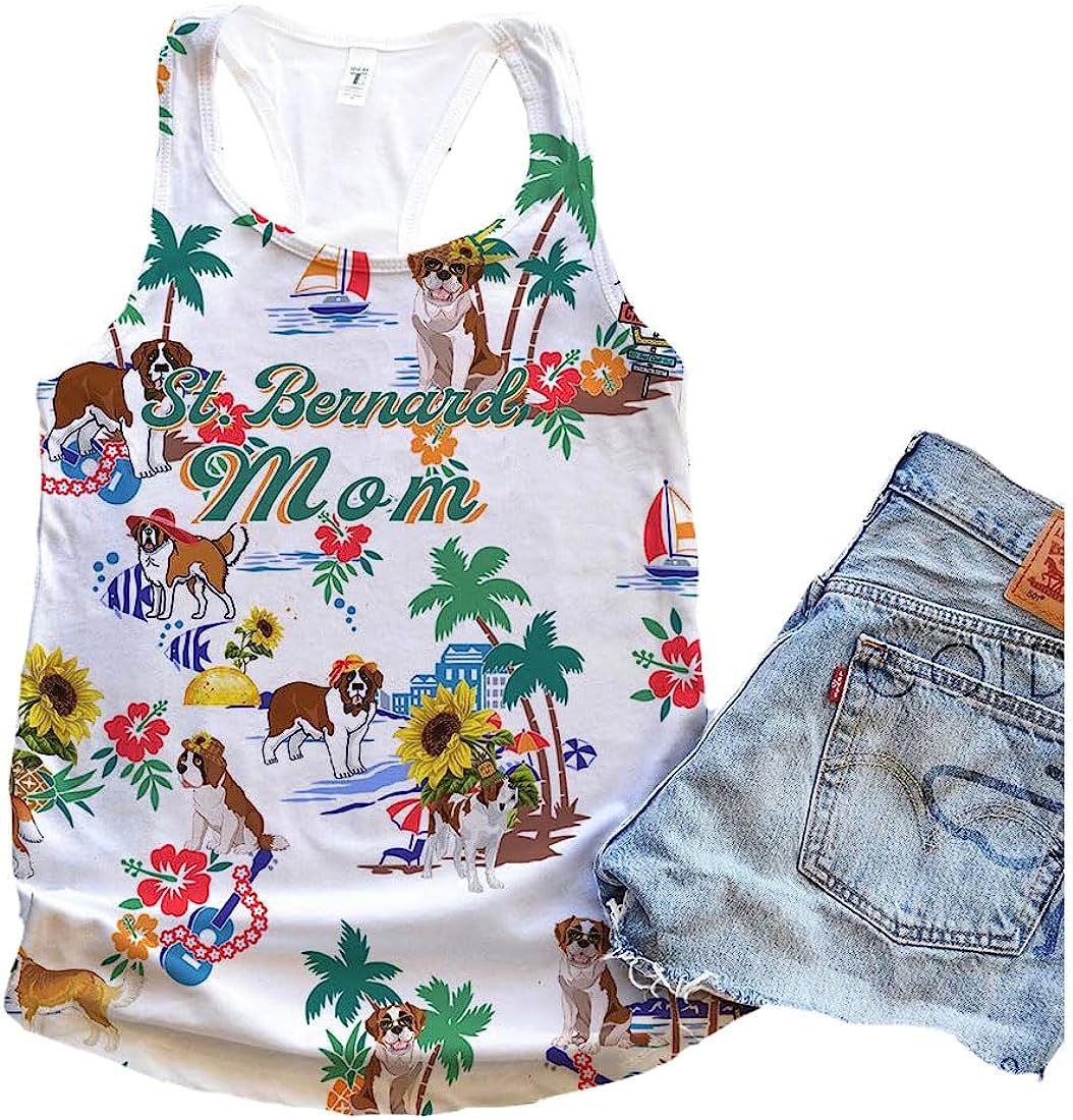 St. Bernard Dog Mom Sunflower Beach Tank Top - Summer Casual Tank Tops For Women - Gift For Young Adults