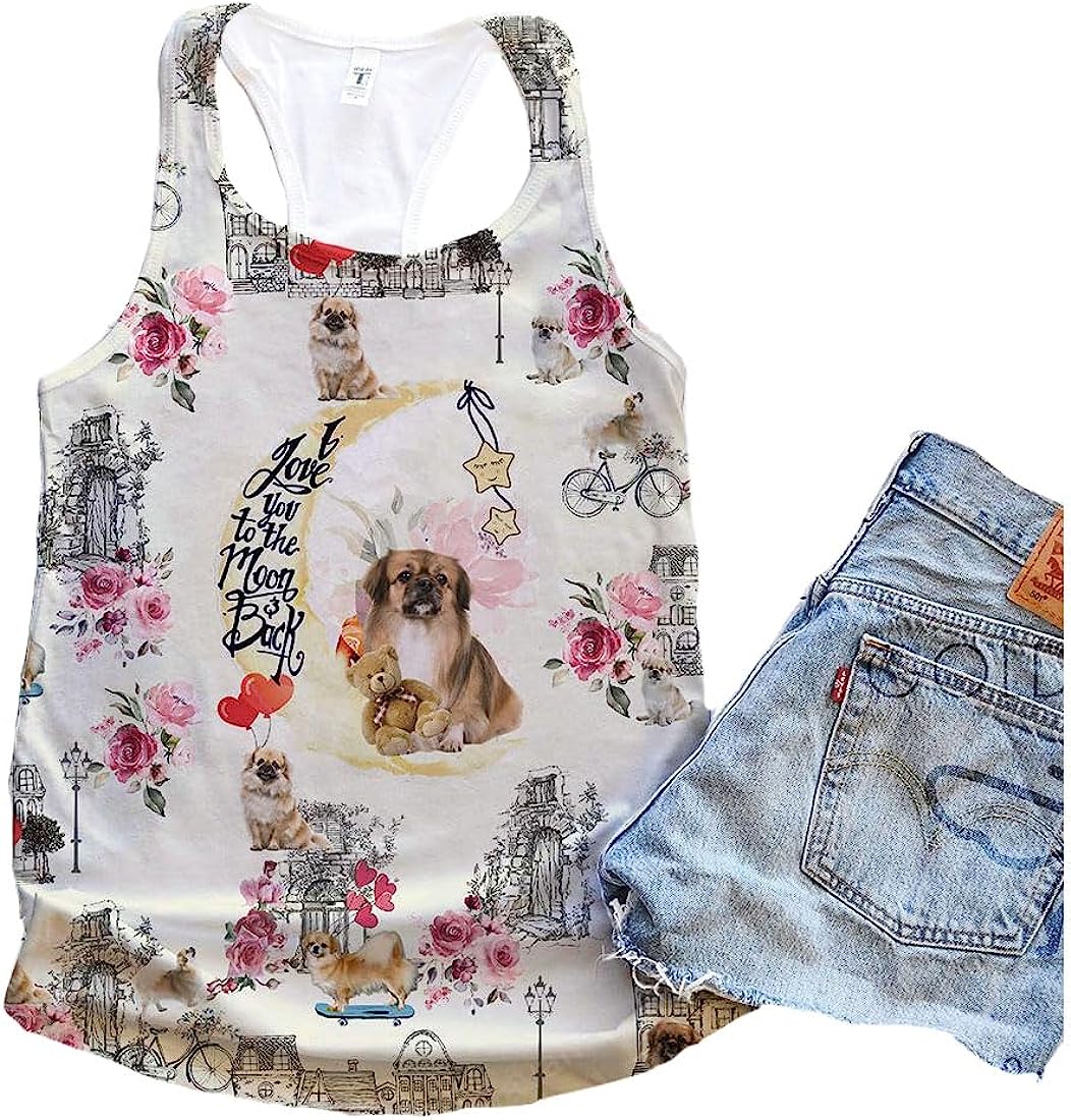 Tibetan Spaniel Dog City Mix Moon Tank Top - Summer Casual Tank Tops For Women - Gift For Young Adults