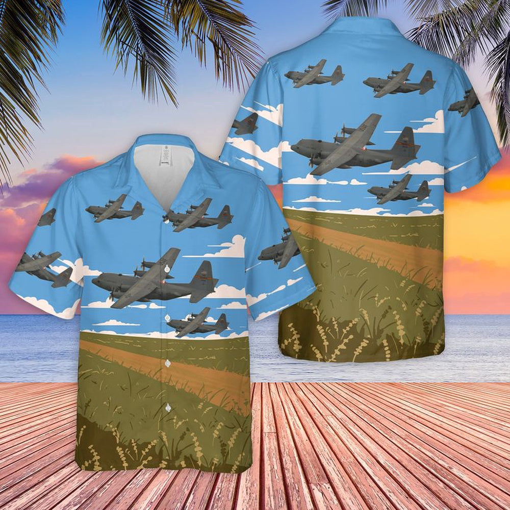 US Air Force Hawaiian Shirt, USAF 182nd Airlift Wing Illinois C-130 H3 Hercules Hawaiian Shirt