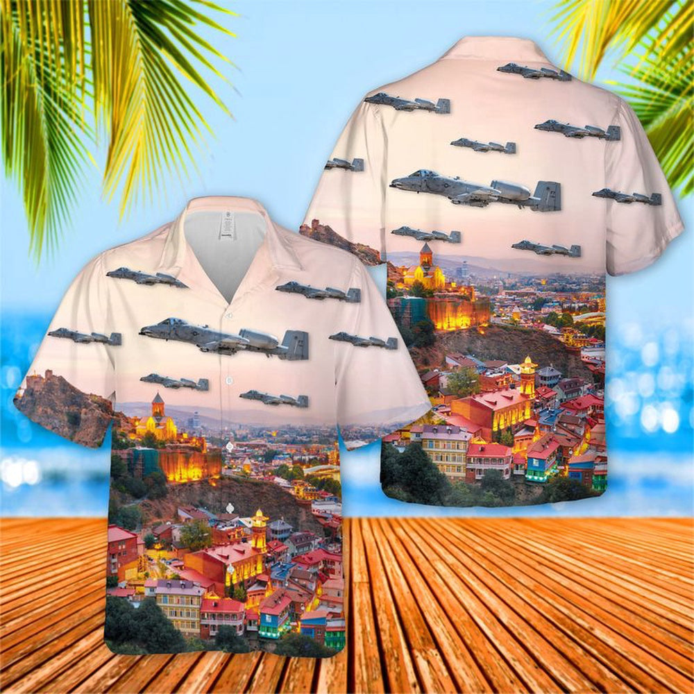 US Air Force Hawaiian Shirt, USAF 75th Fighter Squadron Tiger Sharks Fairchild Republic A-10C Thunderbolt II Hawaiian Shirt