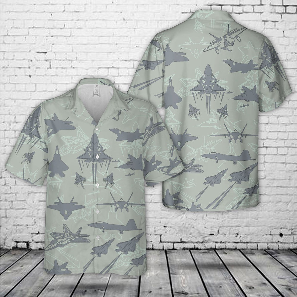 US Air Force Hawaiian Shirt, US Air Force Lockheed Martin F-22 Raptor Aircraft Silhouettes Hawaiian Shirt