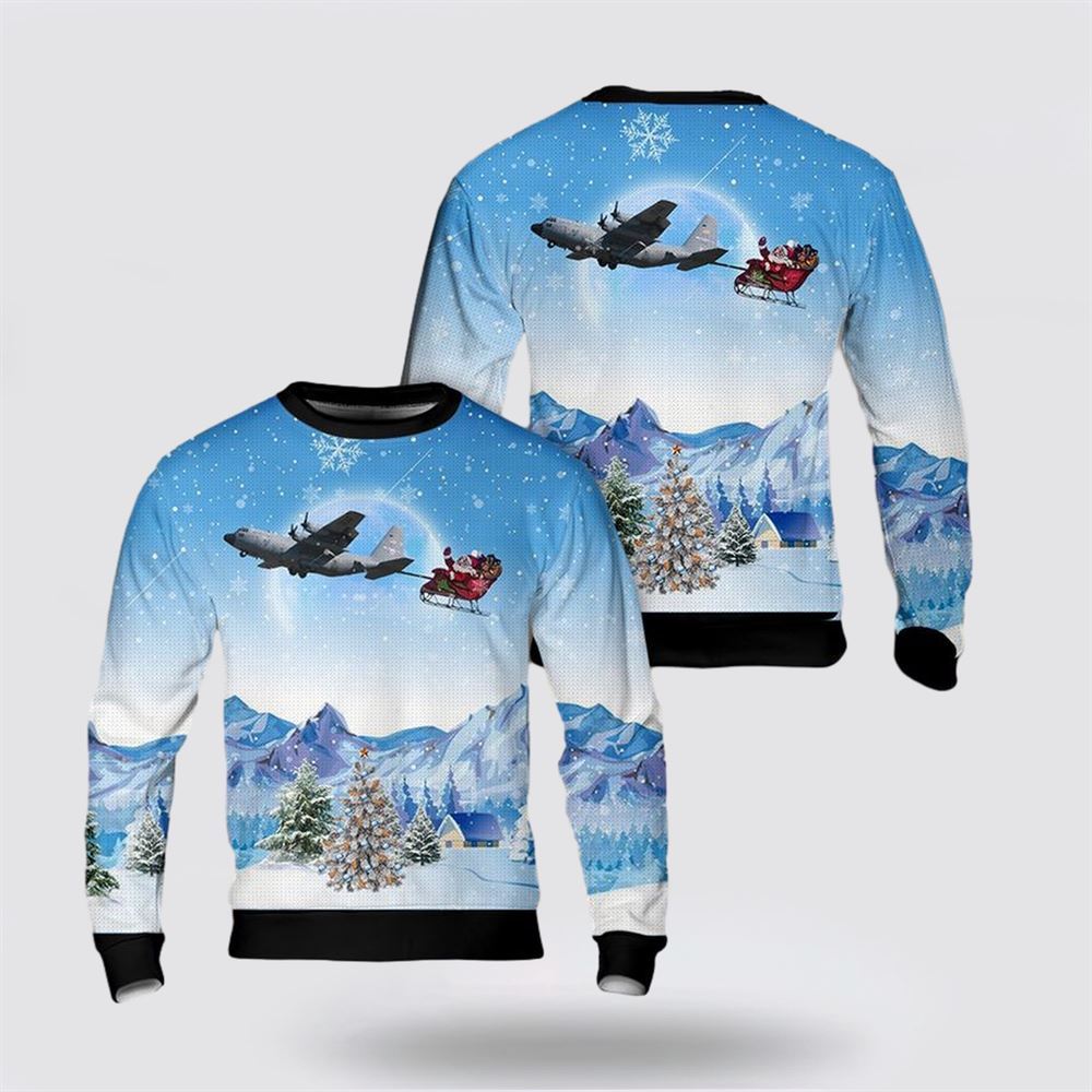 US Air Force Lockheed C-130H Hercules Christmas AOP Ugly Sweater, Sweater For Military Personnel