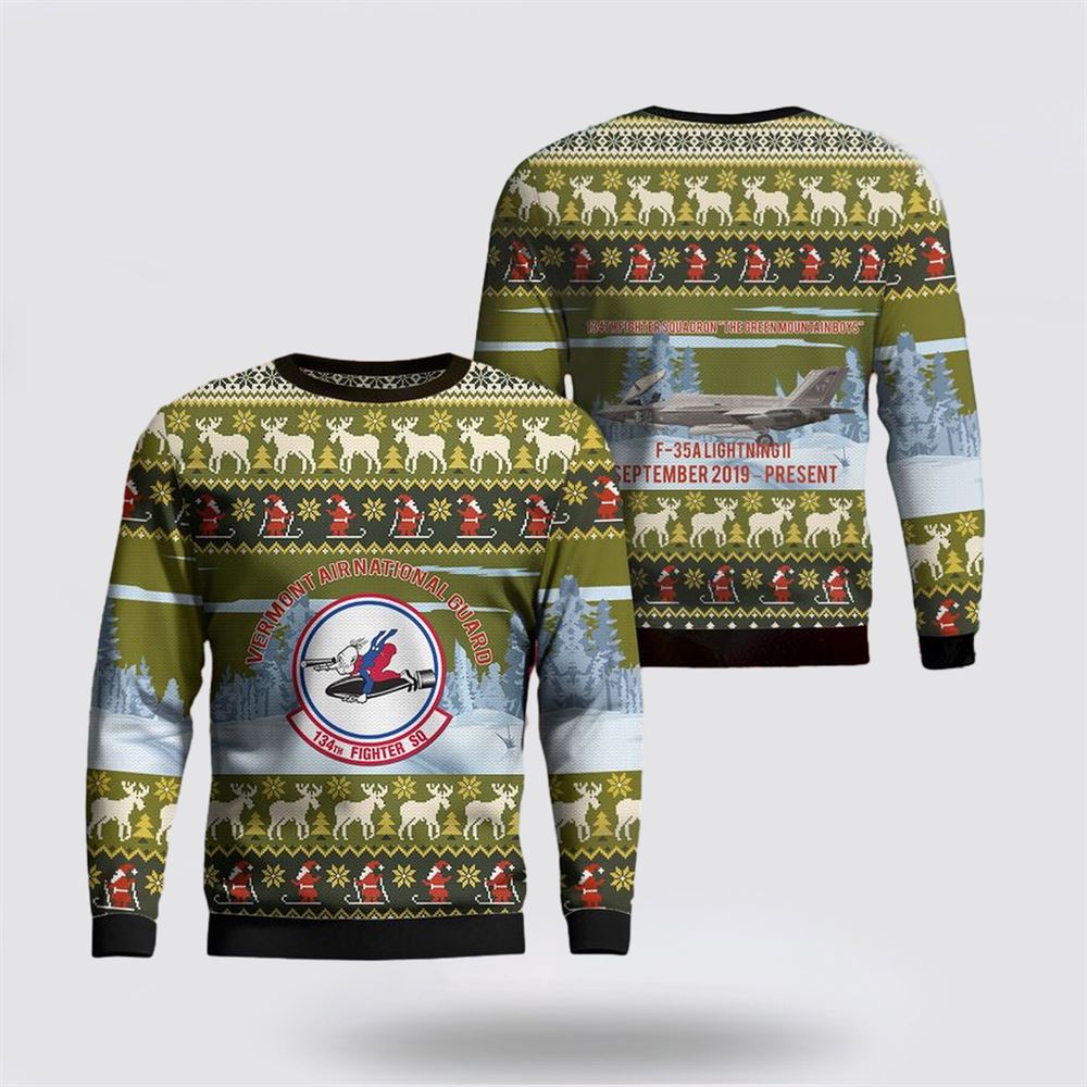 US Air Force Vermont Air National Guard 134th Fighter Squadron F-35A Lightning II AOP Ugly Sweater 3D, Christmas Gift For Military Personnel