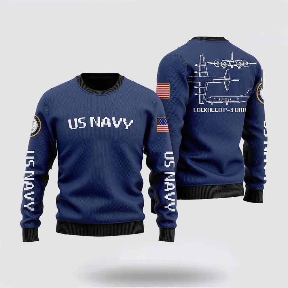 US Navy Lockheed P-3 Orion Christmas Sweater 3D, Sweater For Military Personnel